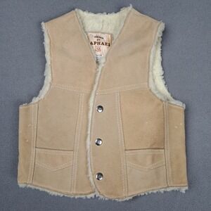 Vintage Raphael Leather Vest‎ Youth 12 Medium Tan Sherpa Lined Cowboy Ranchwear